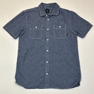 Vans Button Down Shirt Men’s Medium Blue White Stitch Short Sleeve Classic Fit